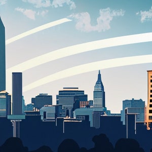 May include: Silhouette of a city skyline with tall buildings against a blue sky with white clouds. The tallest building is a slender tower in the center of the image.