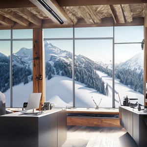 May include: A modern office with a large window overlooking a snow-covered mountain range. The office features a desk, computer, and chair. Wooden beams and paneling add warmth to the space. Skis are leaning against the window frame.