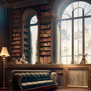 May include: A large, well-lit library with floor-to-ceiling bookshelves, two plush sofas, and a lamp. The room has large arched windows with views of a snowy mountain landscape.