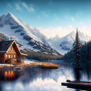 May include: A wooden cabin situated in a snowy mountain valley with a lake in the foreground. The cabin has a brown roof and a large window. The mountains are covered in snow and the lake is calm and reflective.