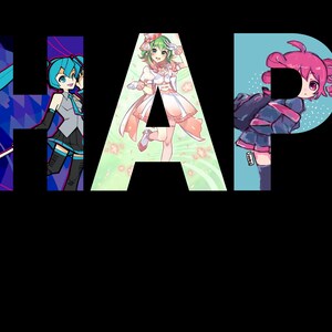May include: A colorful graphic design featuring the word "HAP" with anime characters in each letter. The "H" is blue and purple with a female character with blue hair and a blue and white outfit. The "A" is green and white with a female character with green hair and a white dress. The "P" is blue with a female character with pink hair and a blue and pink outfit.