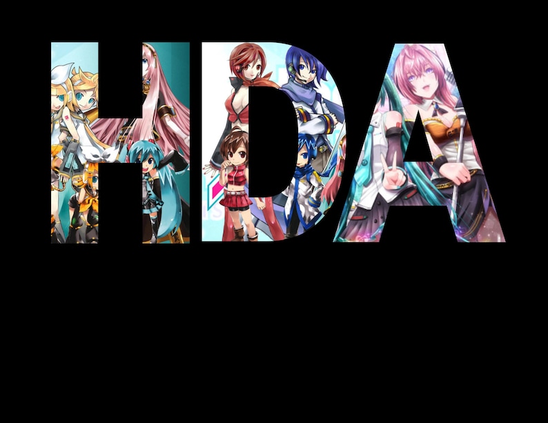 May include: A colorful image with the letters "HDA" formed by anime characters. The characters are all female and have different colored hair and outfits.