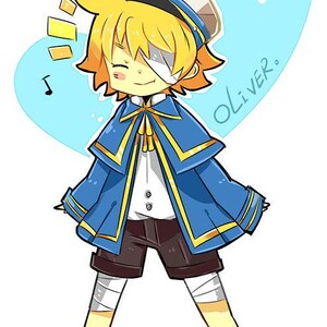 May include: A cartoon illustration of a boy with blond hair wearing a blue and gold sailor outfit and a white eyepatch. He is standing on a light brown surface with a small yellow bird on his hat. The background is a light blue heart shape with the word "Oliver" written in black.