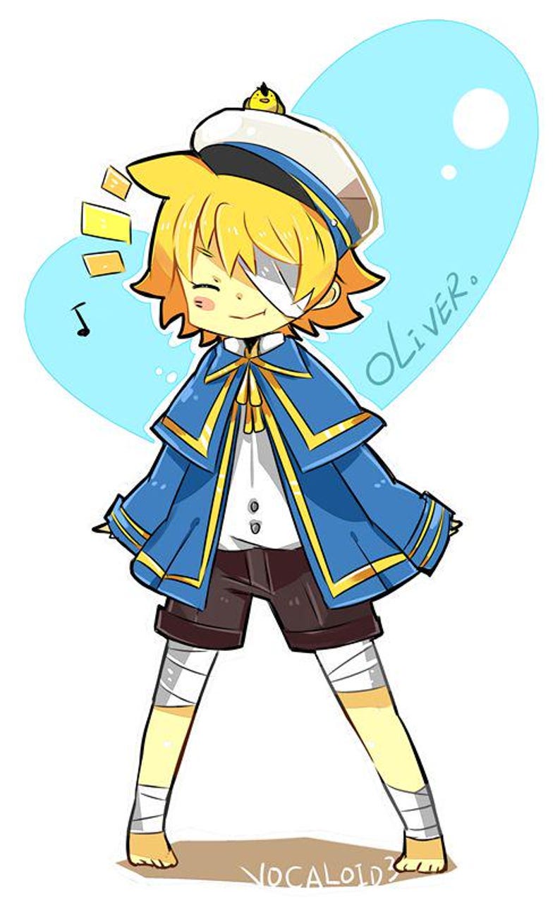 May include: A cartoon illustration of a boy with blond hair wearing a blue and gold sailor outfit and a white eyepatch. He is standing on a light brown surface with a small yellow bird on his hat. The background is a light blue heart shape with the word "Oliver" written in black.