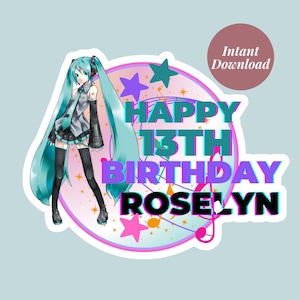 Topo de bolo de aniversário editável Hatsune Miku, download instantâneo, topo de bolo personalizado, Canva, edite e imprima, arquivo digital de aniversário
