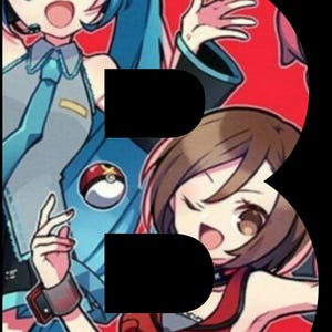 May include: Two anime characters, one with blue hair and a blue and white outfit, and the other with brown hair and a red and black outfit, are standing in front of a large black letter B.