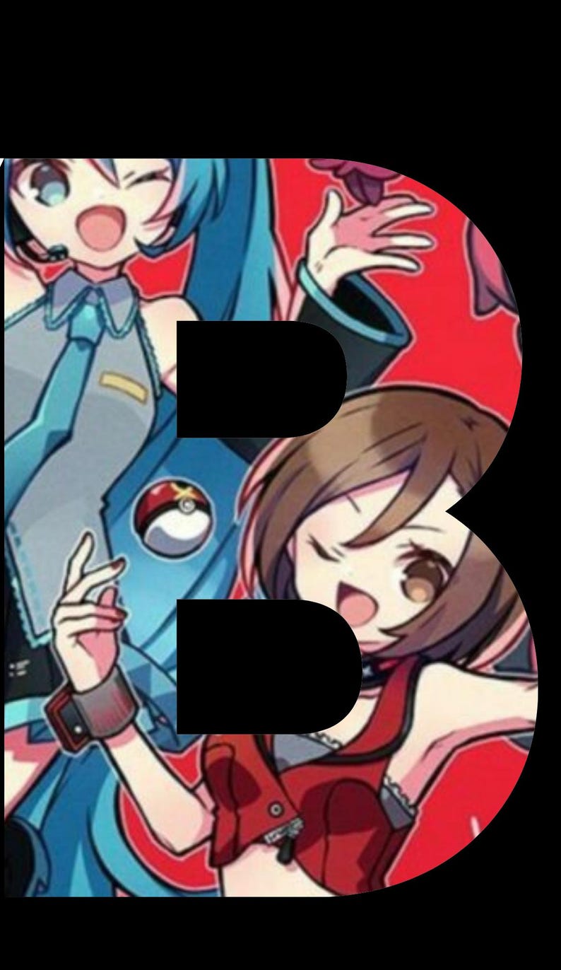 May include: Two anime characters, one with blue hair and a blue and white outfit, and the other with brown hair and a red and black outfit, are standing in front of a large black letter B.