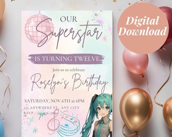 Editable Hatsune Miku Birthday Invitation Template with Thank You Card Digital Anime Girl Party Invite Canva Editable Download Instant