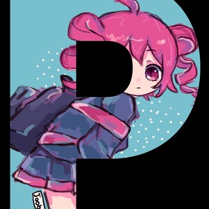 May include: A pink-haired anime character with purple eyes is standing in front of a blue background with white dots. The character is wearing a blue and pink outfit and has a black and white signature in the bottom left corner. The character is shaped like the letter "P".