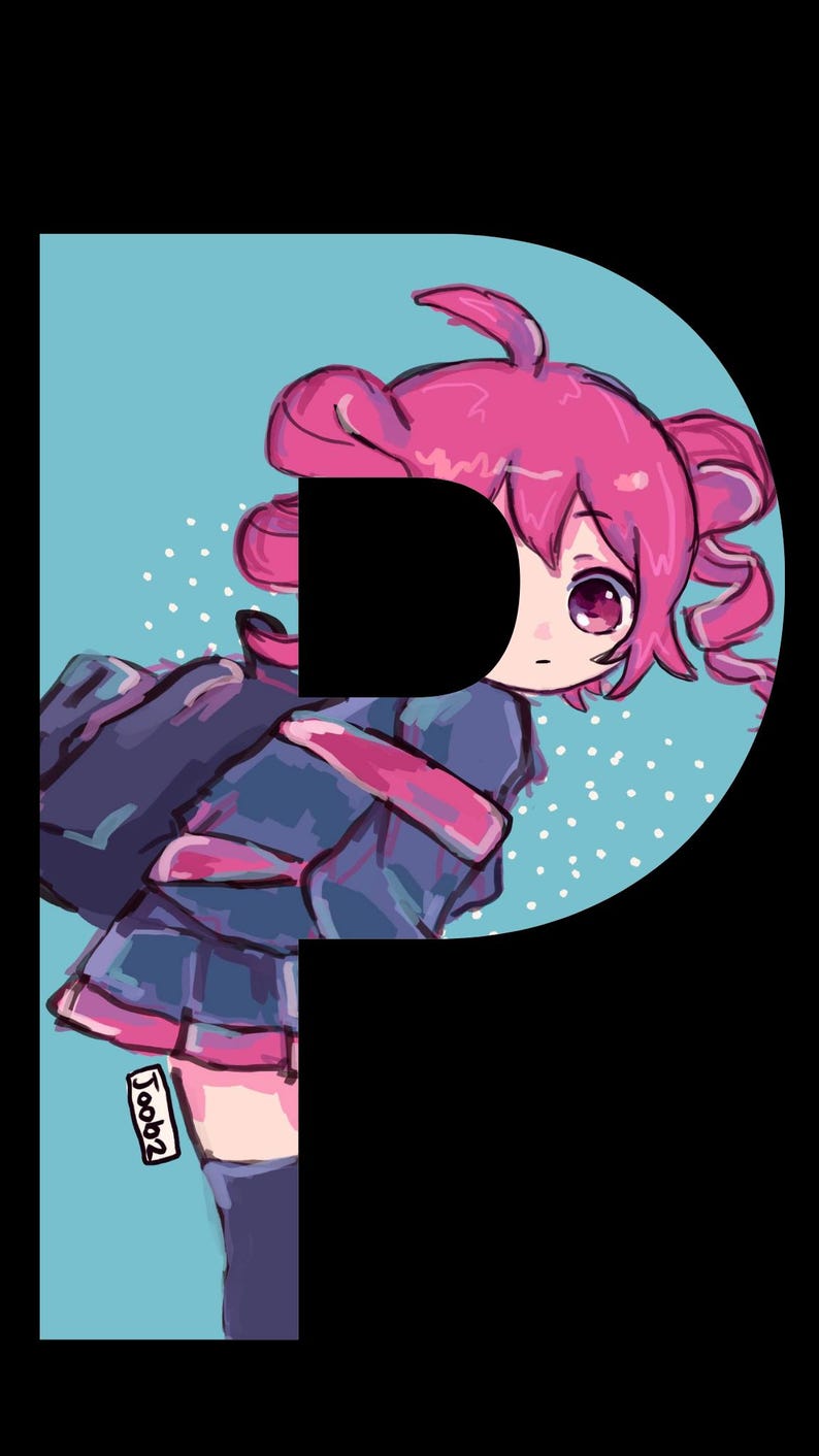 May include: A pink-haired anime character with purple eyes is standing in front of a blue background with white dots. The character is wearing a blue and pink outfit and has a black and white signature in the bottom left corner. The character is shaped like the letter "P".