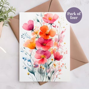 Lot de 4 cartes de voeux florales aquarelles, cartes imprimables pour toutes les occasions, modèles beaux et polyvalents, cartes de voeux à téléchargement immédiat