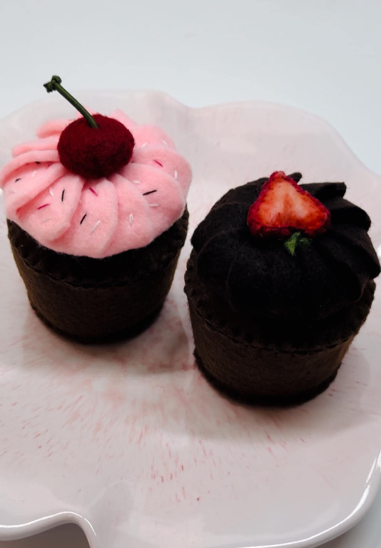 Handmade Felt Cupcake Toy: Chocolate Strawberry & Cherry Decor
