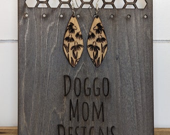 Laser Engraved Flower Wood Earrings – Hand Painted, Customizable