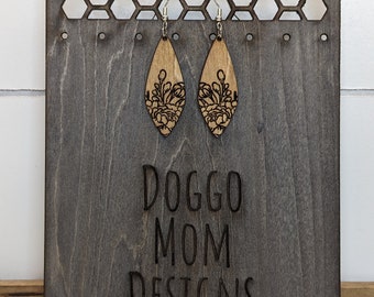 Floral Laser Engraved Wood Earrings – Hand Painted, Customizable