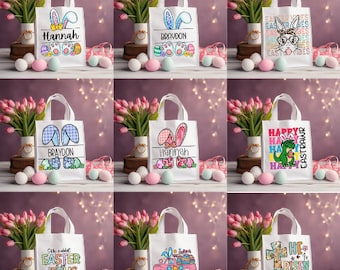 Bolsa de mano de cesta de Pascua personalizada - Nombre de los niños Bolsa de mano de Pascua - Bolsa de mano de Pascua personalizada - Conejito de Pascua - Búsqueda de huevos de Pascua - Niño Niña