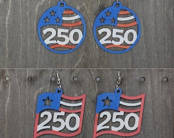 Pendientes America 250 / Pendientes del 250 aniversario de EE. UU. / Pendientes del 4 de julio / Pendientes colgantes de madera patrióticos / Celebración de America 250