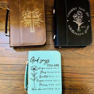 Custom Laser Engraved Faux Leather Bible Cover – Personalized Gift – Zippered Case with Handle – Christian Gift – Custom Name or Verse