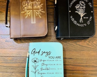 Custom Laser Engraved Faux Leather Bible Cover – Personalized Gift – Zippered Case with Handle – Christian Gift – Custom Name or Verse