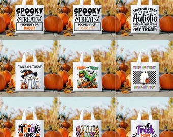 Bolsa de mano personalizada para truco o trato de Halloween - Bolsa de mano con nombre para niños - Espeluznante - Bolsa de dulces de Halloween - Concientización sobre el autismo - Niño y niña