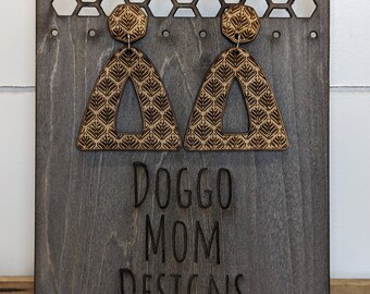 Laser Engraved Wood Earrings – Geometric Leaf Dangle Earrings