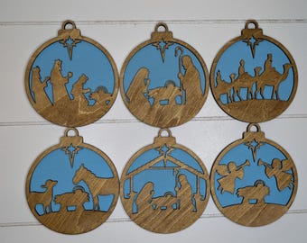 3D Engraved Nativity Christmas Ornaments, Handmade Wooden Nativity Set