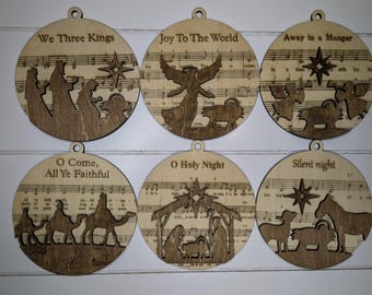 Handmade 3D Engraved Nativity Christmas Ornaments, Music Sheet Wooden Set