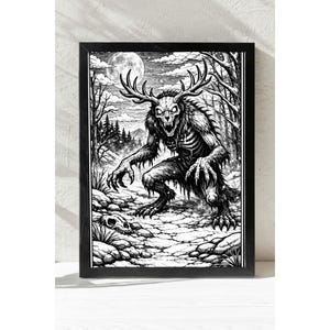 May include: A black and white framed art print featuring a detailed illustration of a horned, skeletal creature standing on a rocky path. The scene includes a full moon, bare trees, and a skull on the ground, rendered in a high-contrast ink style.