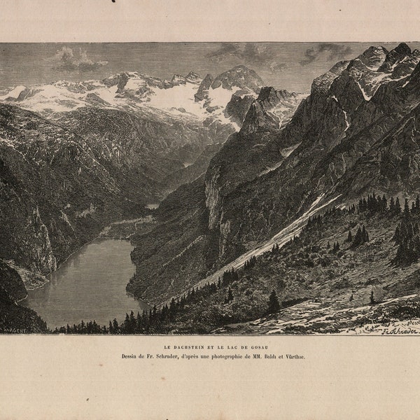 1884, Dachstein, Austria, Alpen, Oostenrijk, view, antique black and white woodengraving