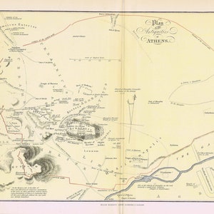1890, Greece, Acropolis, Athens, antiquities of Athens, antique lithograph colored map