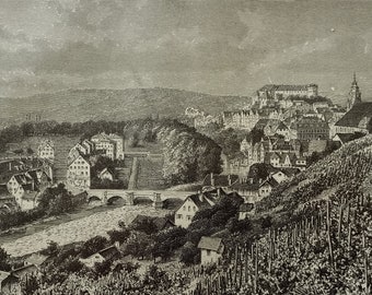1884, Tübingen, Deutschland, city view, real antique black and white woodengraving