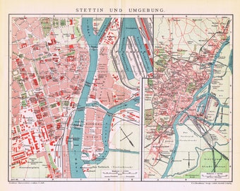 1895, DE stettin, originele antieke kaart uit 1895, Brockhaus