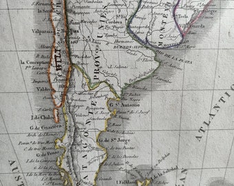 1840, Südamerika, Brasilien, Argentinien, Patagonien, antiker Kupferstich, kolorierte Karte