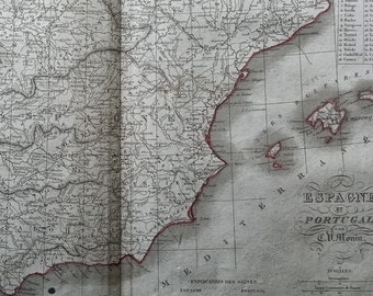 1840, Spanien und Portugal, antiker kolorierter Kupferstich, Karte