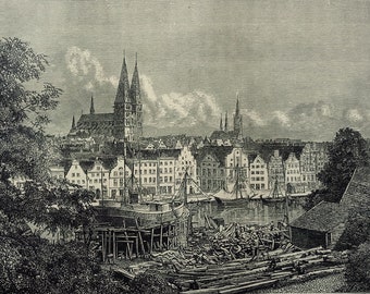 1884, Lübeck, Deutschland, city view, real antique black and white woodengraving