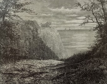 1884, Rügen, Königsstuhl, ostsee, Deutschland, city view, real antique black and white woodengraving