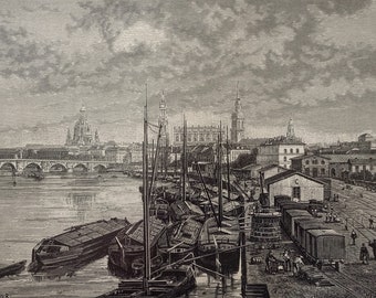 1884, Dresden, Elbe,  Marienbrücke, Deutschland, city view, real antique black and white woodengraving