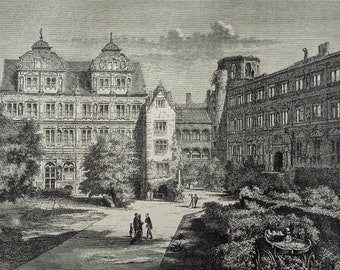 1884, Heidelberg, schloss, Deutschland, city view, real antique black and white woodengraving