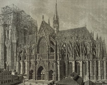 1884,  Kölner dom in 1875,  dom Köln, Deutschland, city view, real antique black and white woodengraving