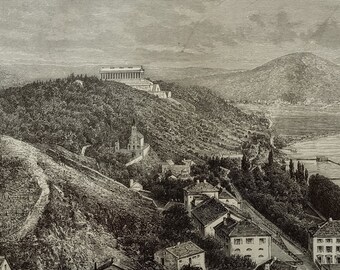 1884,  Donaustauf, Walhalla, Deutschland, city view, real antique black and white woodengraving