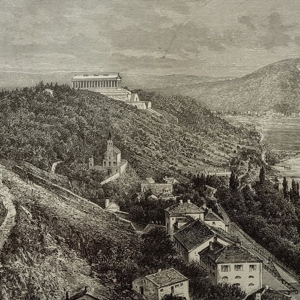 1884, Donaustauf, Walhalla, Deutschland, uitzicht op de stad, echte antieke zwart-witte houtgravure