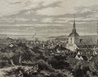 1884, Flensburg, Deutschland, city view, real antique black and white woodengraving