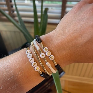 Black white and Gold Neutral Stacking Heishi Bracelet Set | 6mm Heishi Bracelets | Custom Name and Word Bracelet Sets | heishi stack