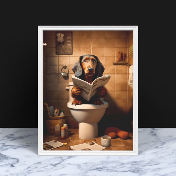 Dog Sitting on the Toilet Reading a Newspaper, Funny Bathroom Humor, Dog Wall Decor, Funny Animal Print, Printables, Wall Art, Bathroom Art