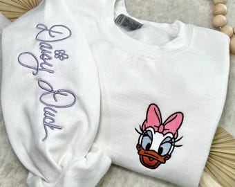 Daisy Duck Inspired Autograph Crewneck, Embroidered Sweater, Sleeve Embroidery, Character, Signature, Magical Crewneck