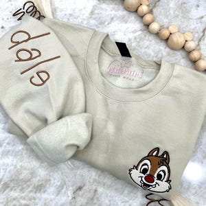 May include: A beige sweatshirt with a brown embroidered Chipmunk from Disney's Chip 'n Dale on the front. The sweatshirt has the text "PixiePairs" on the inside neck tag. The sleeve has the text "Chip 'n Dale" embroidered in brown.