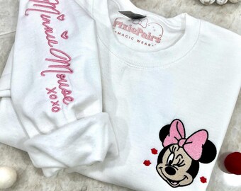 Sudadera de cuello redondo con autógrafos de San Valentín, inspirada en Minnie Mouse, San Valentín, corazón, a juego, para él y para ella.