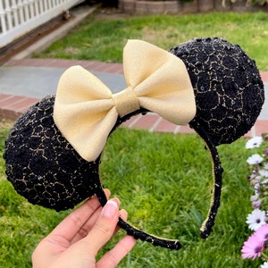Minnie Maus inspiriert Ohren, schwarz und Gold Stirnband, Ohren, Freizeitpark Stirnband, Freizeitpark Ohren, Mauseohren, Freizeitpark inspiriert