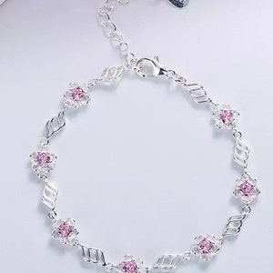 925 sterling silver pink flower bracelet , gem, gift, for mum , friend, sister , bridesmaid , wedding , adjustable, cute,romantic, pink