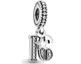 Pandora style 16th birthday charm, age 16 , gift for her,  sister, friend, daughter, 925 Sterling silver charm beautiful detail, sweet 16