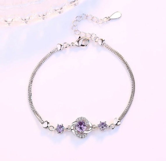 925 Sterling Silver Purple Flower Bracelet , Purple Gem